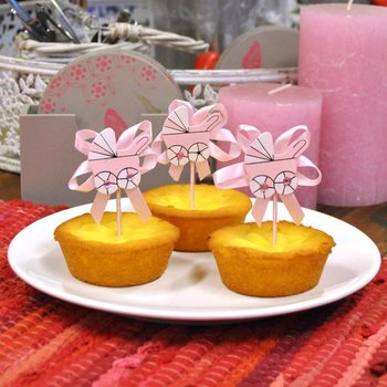 TUSUKAN CUPCAKE KELAHIRAN - KERETA BAYI MERAH MUDA (12 pcs)