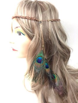 Bando Rambut Kepang Cokelat Bulu Merak | Gaya Ibiza Boho (1 pc)
