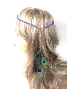 Bando Kepang Gaya Ibiza Biru dengan Bulu Merak (1 pcs)