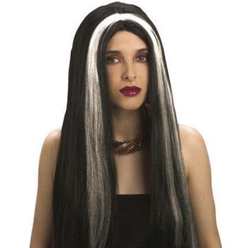 Wig Rambut Panjang Hitam dengan Sorotan Putih (1 pc)