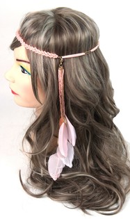 Bando Manik-Manik Gaya Ibiza dengan Bulu Warna Salmon (1 pc)
