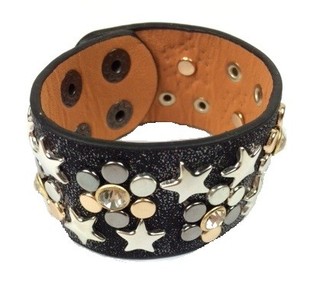 Gelang Lebar Mewah Hitam Berhias Studs & Rhinestone (1 pcs)