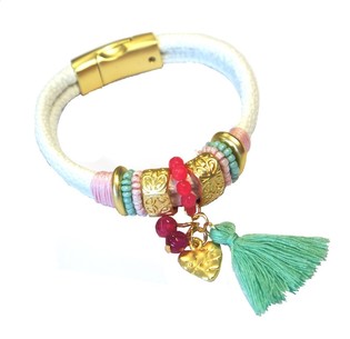 Gelang Putih Gaya Ibiza dengan Rumbai & Liontin Hati (1 pcs)