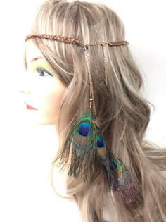 Bando Rambut Kepang Cokelat Bulu Merak | Gaya Ibiza Boho (1 pc)