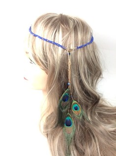 Bando Kepang Gaya Ibiza Biru dengan Bulu Merak (1 pcs)
