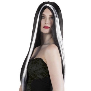 Wig Rambut Panjang Hitam dengan Sorotan Putih (1 pc)