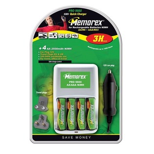 MEMOREX PRO 9660 - Pengisi Daya + 4x Baterai AA Isi Ulang (1 set)