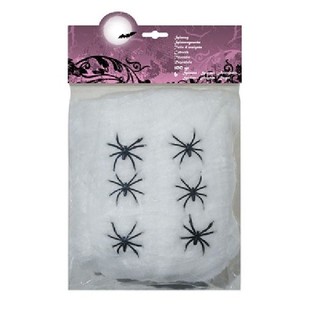 100g Jaring Laba-laba Dekorasi dengan 6 Laba-laba - Putih (4 pcs)